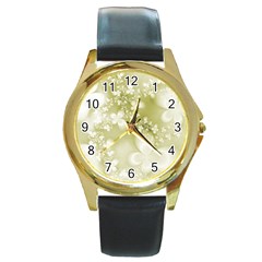 Olive Green With White Flowers Round Gold Metal Watch by SpinnyChairDesigns