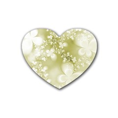 Olive Green With White Flowers Rubber Coaster (heart)  by SpinnyChairDesigns