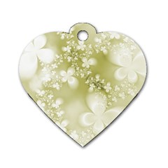 Olive Green With White Flowers Dog Tag Heart (two Sides) by SpinnyChairDesigns