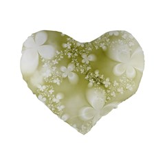 Olive Green With White Flowers Standard 16  Premium Flano Heart Shape Cushions by SpinnyChairDesigns