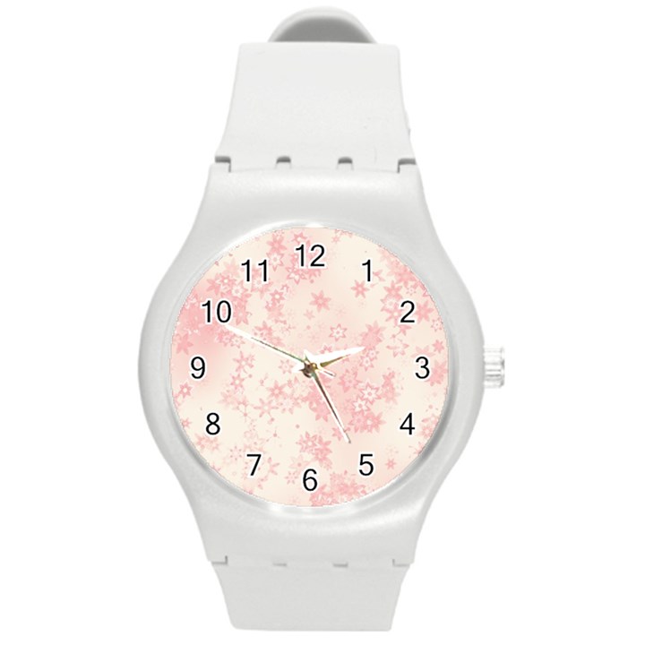 Baby Pink Floral Print Round Plastic Sport Watch (M)