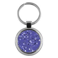 Slate Blue With White Flowers Key Chain (round) by SpinnyChairDesigns