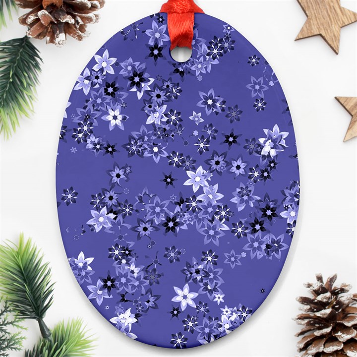 Slate Blue With White Flowers Oval Ornament (Two Sides)