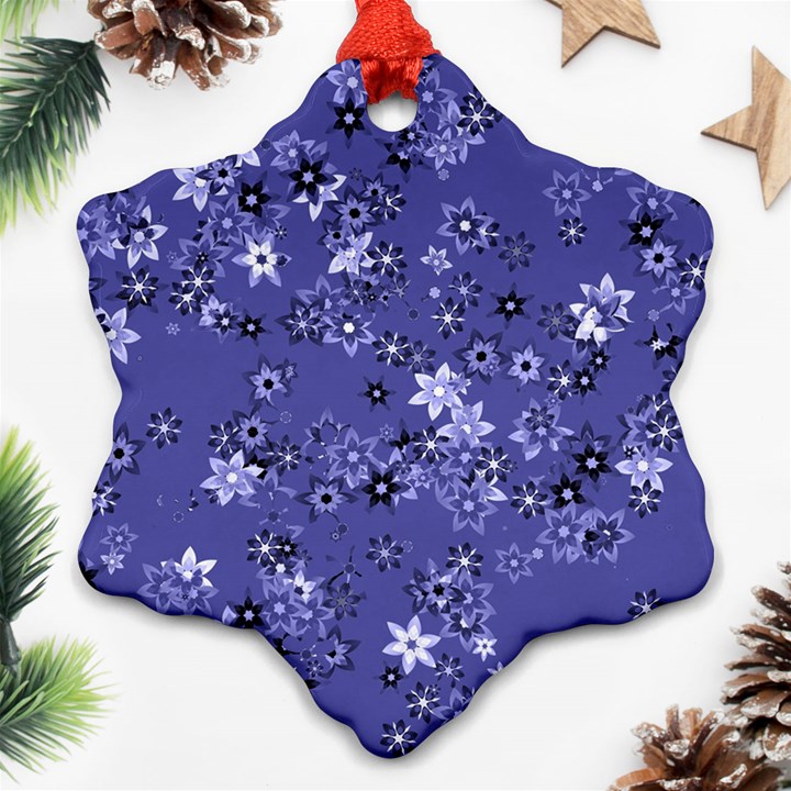 Slate Blue With White Flowers Snowflake Ornament (Two Sides)