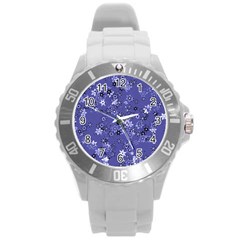 Slate Blue With White Flowers Round Plastic Sport Watch (l) by SpinnyChairDesigns