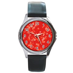 Red And White Flowers Round Metal Watch by SpinnyChairDesigns