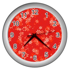 Red And White Flowers Wall Clock (silver) by SpinnyChairDesigns