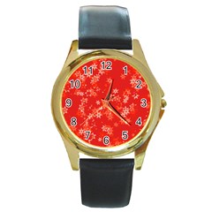 Red And White Flowers Round Gold Metal Watch by SpinnyChairDesigns