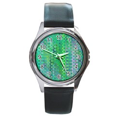 Boho Green Floral Print Round Metal Watch by SpinnyChairDesigns