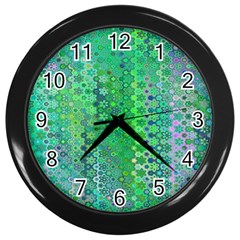 Boho Green Floral Print Wall Clock (black) by SpinnyChairDesigns