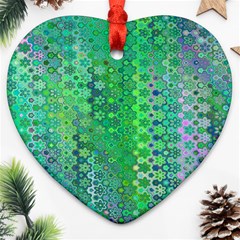 Boho Green Floral Print Heart Ornament (two Sides) by SpinnyChairDesigns