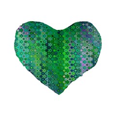 Boho Green Floral Print Standard 16  Premium Heart Shape Cushions by SpinnyChairDesigns