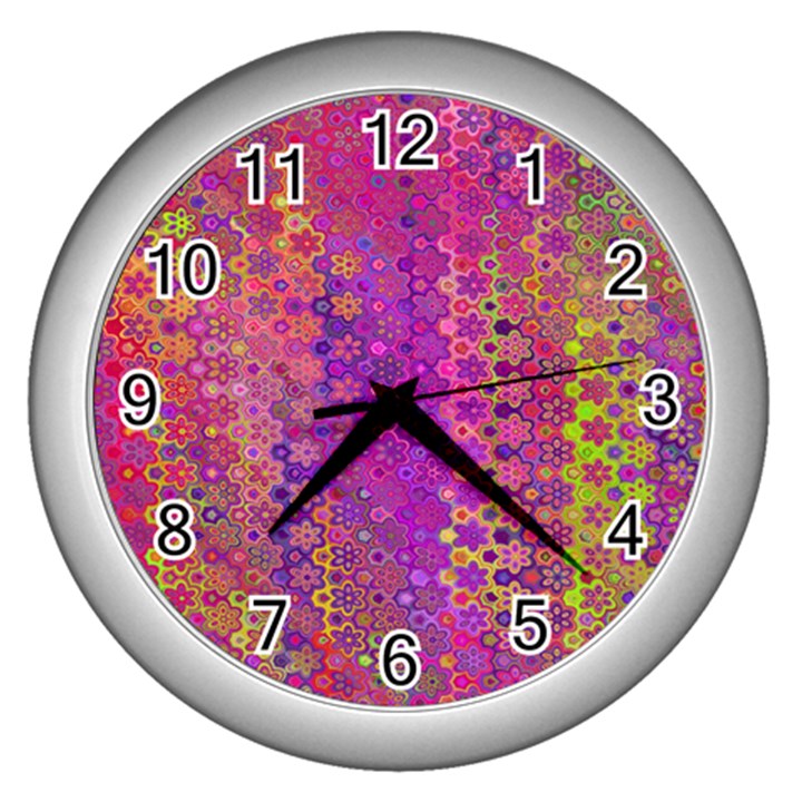 Boho Fuchsia Floral Print  Wall Clock (Silver)