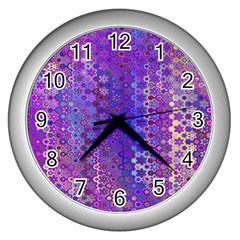 Boho Purple Floral Print Wall Clock (silver) by SpinnyChairDesigns