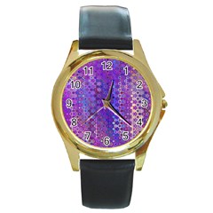 Boho Purple Floral Print Round Gold Metal Watch by SpinnyChairDesigns