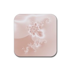 Tan White Floral Print Rubber Coaster (square)  by SpinnyChairDesigns