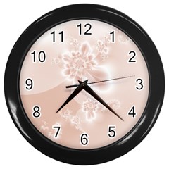 Tan White Floral Print Wall Clock (black) by SpinnyChairDesigns