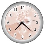 Tan White Floral Print Wall Clock (Silver) Front