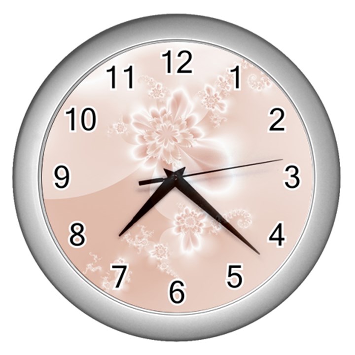 Tan White Floral Print Wall Clock (Silver)