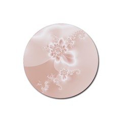 Tan White Floral Print Rubber Coaster (round)  by SpinnyChairDesigns