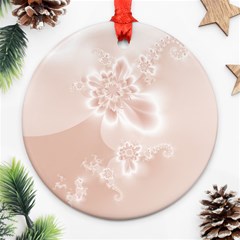 Tan White Floral Print Round Ornament (two Sides) by SpinnyChairDesigns