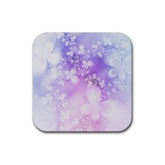 White Purple Floral Print Rubber Coaster (square)  by SpinnyChairDesigns