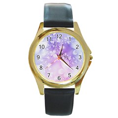 White Purple Floral Print Round Gold Metal Watch by SpinnyChairDesigns