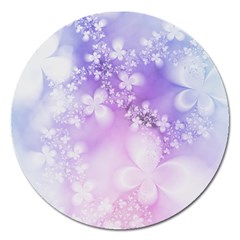 White Purple Floral Print Magnet 5  (round) by SpinnyChairDesigns