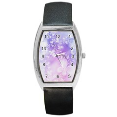 White Purple Floral Print Barrel Style Metal Watch by SpinnyChairDesigns