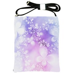 White Purple Floral Print Shoulder Sling Bag by SpinnyChairDesigns