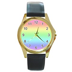 Pastel Rainbow Diamond Pattern Round Gold Metal Watch by SpinnyChairDesigns