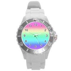 Rainbow Floral Ombre Print Round Plastic Sport Watch (l) by SpinnyChairDesigns