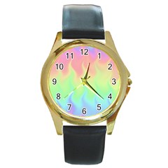 Pastel Rainbow Flame Ombre Round Gold Metal Watch by SpinnyChairDesigns