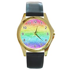 Rainbow Ombre Texture Round Gold Metal Watch by SpinnyChairDesigns