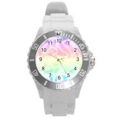 Pastel Rainbow Tie Dye Round Plastic Sport Watch (l) by SpinnyChairDesigns