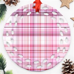 Pink Madras Plaid Ornament (round Filigree) by SpinnyChairDesigns