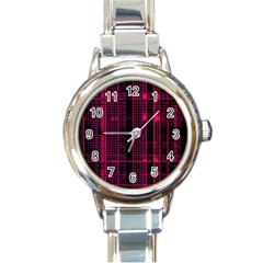 Pink Black Punk Plaid Round Italian Charm Watch by SpinnyChairDesigns