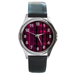 Pink Black Punk Plaid Round Metal Watch by SpinnyChairDesigns