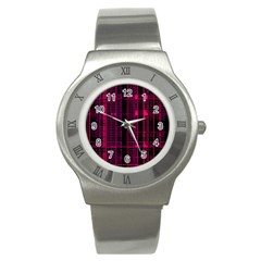 Pink Black Punk Plaid Stainless Steel Watch by SpinnyChairDesigns