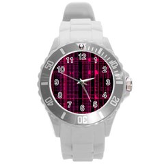 Pink Black Punk Plaid Round Plastic Sport Watch (l) by SpinnyChairDesigns