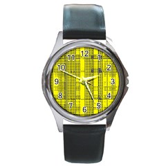 Black Yellow Punk Plaid Round Metal Watch by SpinnyChairDesigns