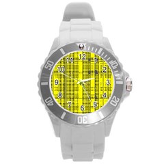 Black Yellow Punk Plaid Round Plastic Sport Watch (l) by SpinnyChairDesigns