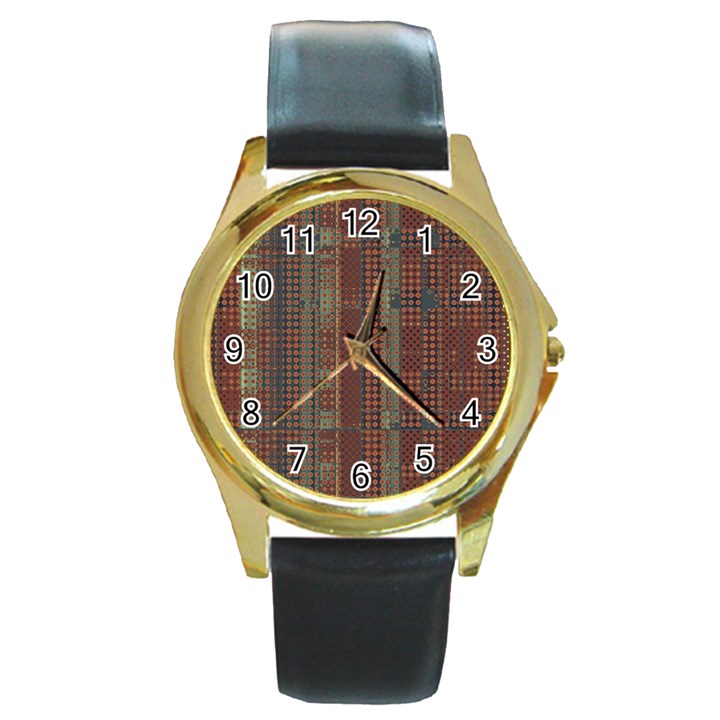 Rust Brown Grunge Plaid Round Gold Metal Watch