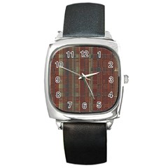 Rust Brown Grunge Plaid Square Metal Watch