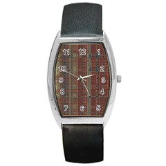 Rust Brown Grunge Plaid Barrel Style Metal Watch by SpinnyChairDesigns