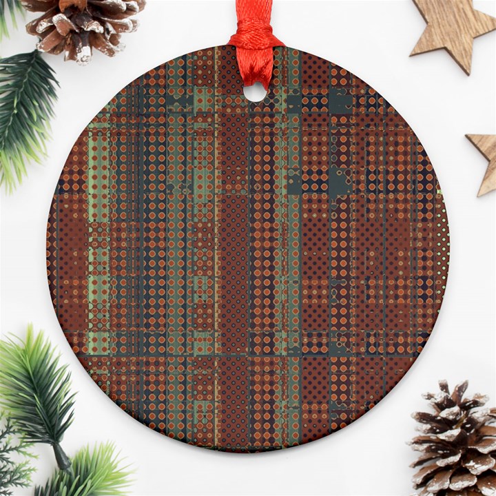 Rust Brown Grunge Plaid Round Ornament (Two Sides)