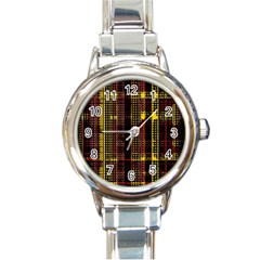 Red Yellow Black Punk Plaid Round Italian Charm Watch by SpinnyChairDesigns