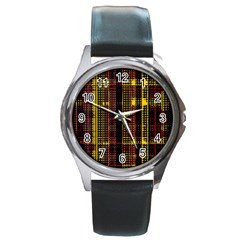 Red Yellow Black Punk Plaid Round Metal Watch by SpinnyChairDesigns