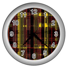 Red Yellow Black Punk Plaid Wall Clock (silver) by SpinnyChairDesigns