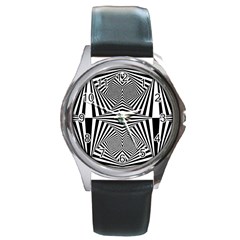 Black And White Stripes Round Metal Watch by SpinnyChairDesigns